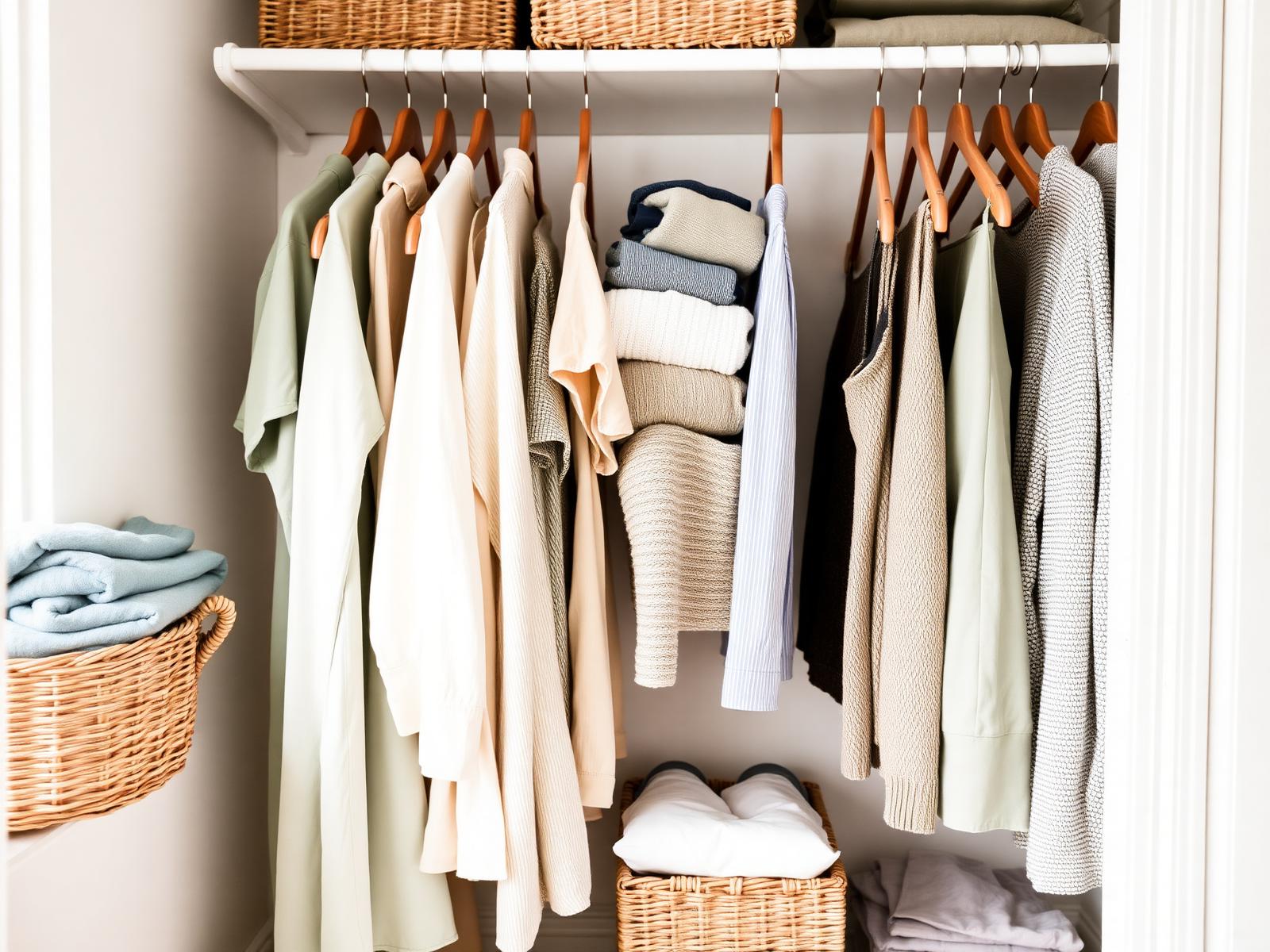 A calm, organised wardrobe with neatly folded clothes in sage and cream tones